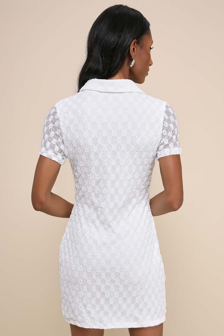 White Floral Mesh Dress - Collared Mini Dress - Button-Up Dress - Lulus