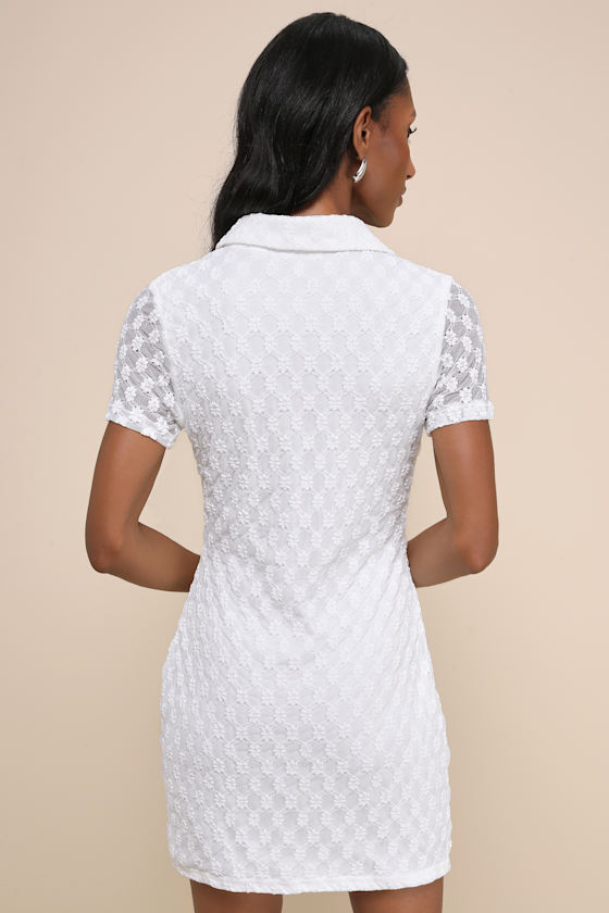Truly Pristine White Mesh Floral Ruched Button-Up Mini Dress 7