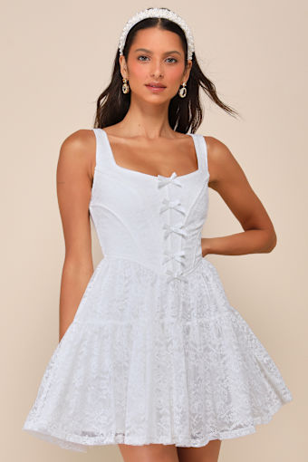 Truly Flawless White Lace Sleeveless Bow Bustier Mini Dress 5