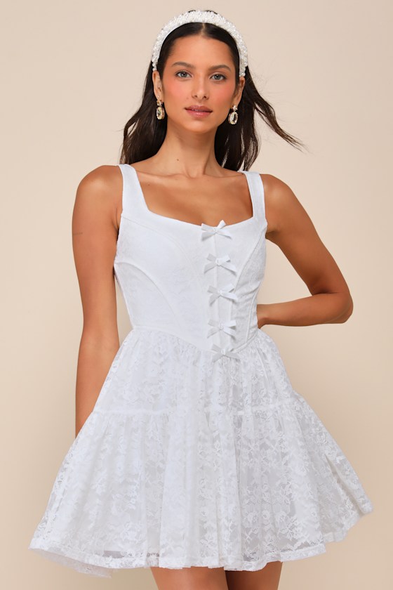 Truly Flawless White Lace Sleeveless Bow Bustier Mini Dress 5