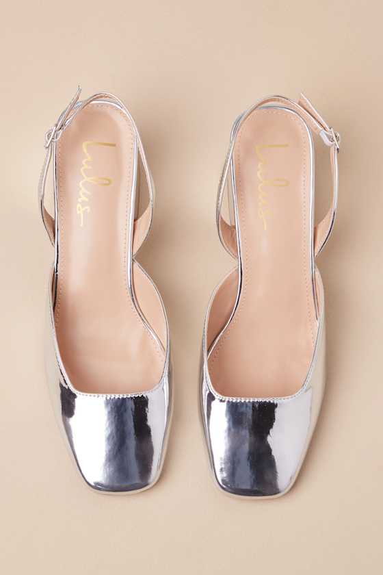 Lulus Carlson Silver Patent Slingback Low Heel Pumps In Silver