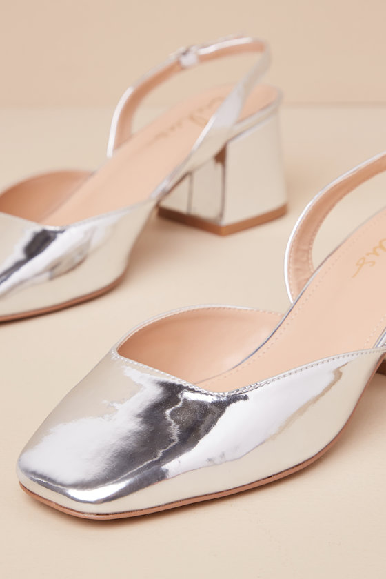 Lulus Carlson Silver Patent Slingback Low Heel Pumps In Silver