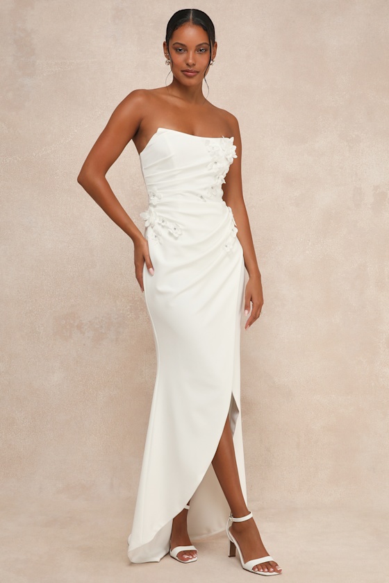 Lulus Glamorous Adoration White Strapless Floral Applique Maxi Dress In White