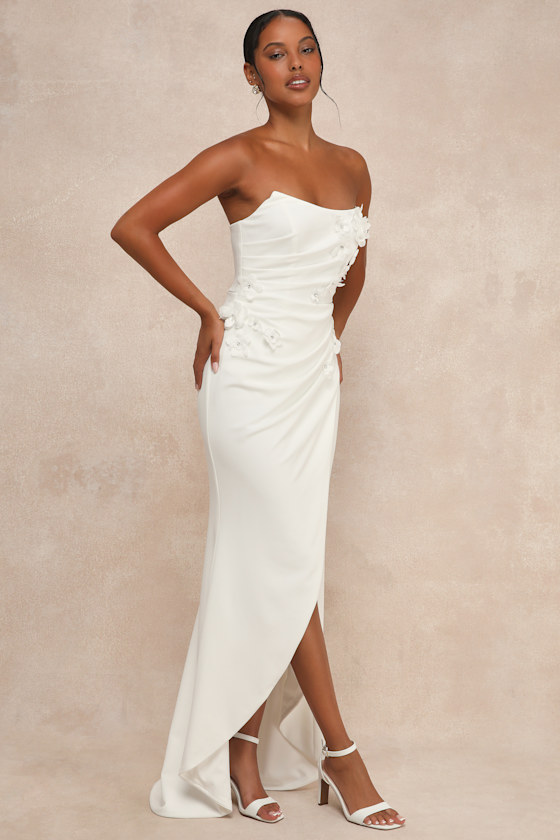 Lulus Glamorous Adoration White Strapless Floral Applique Maxi Dress In White