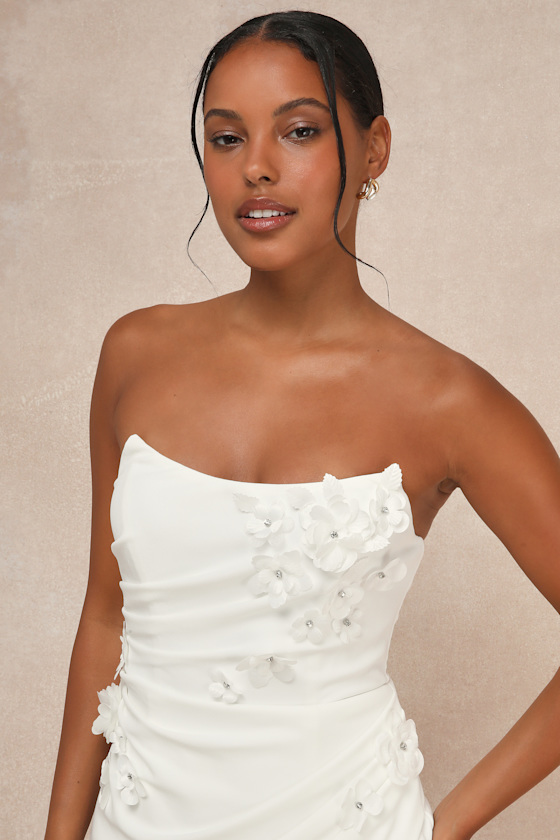 Lulus Glamorous Adoration White Strapless Floral Applique Maxi Dress In White