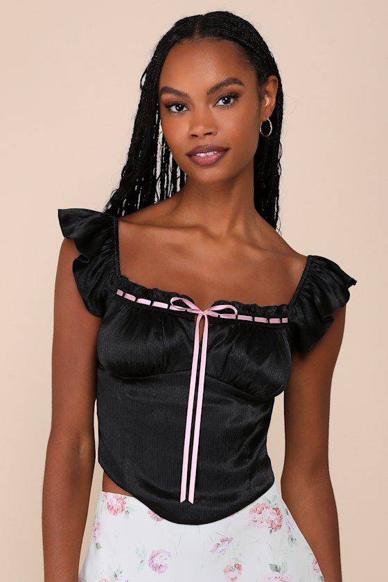 Lulus Radiating Elegance Black Crinkle Satin Flutter Sleeve Top In Black