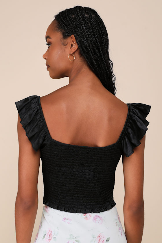 Lulus Radiating Elegance Black Crinkle Satin Flutter Sleeve Top In Black