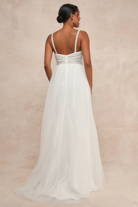 Lulus Glittering Romance White Rhinestone Tulle Bustier Maxi Dress In White