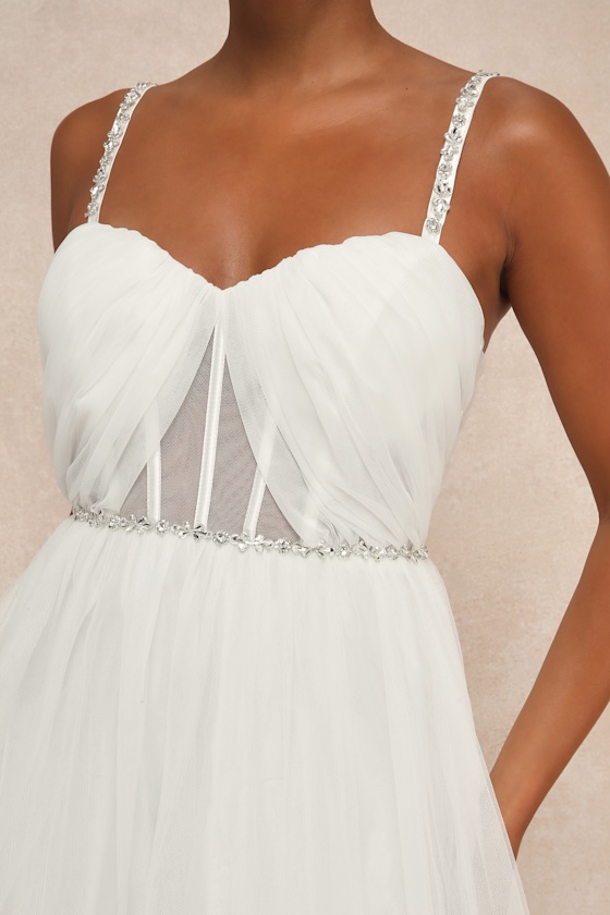 Lulus Glittering Romance White Rhinestone Tulle Bustier Maxi Dress In White