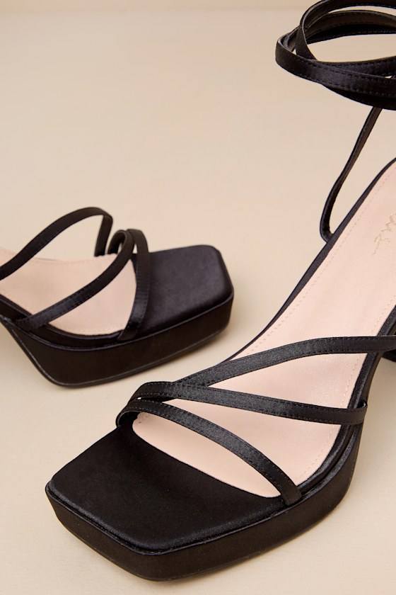 Lulus Antonnia Black Satin Strappy High Heel Ankle Wrap Sandals In Black
