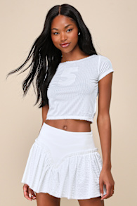 Cheer Me White Twill Athletic Mesh Ruffled Low-Rise Mini Skirt 3