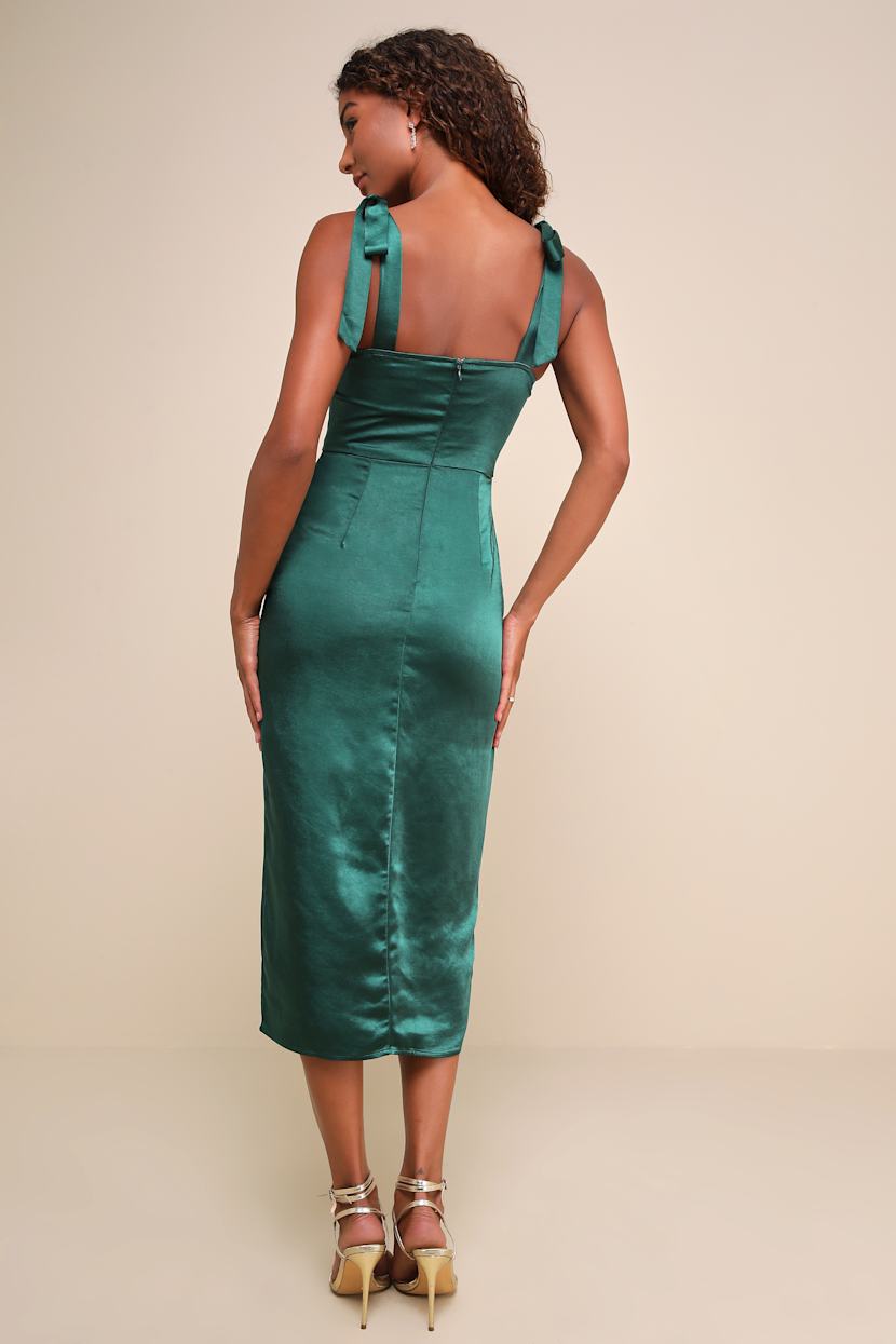 Graceful Sophistication Emerald Green Satin Tie-Strap Midi Dress
