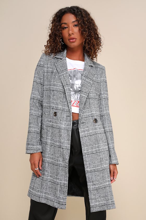Chilly Out Black and White Glen Plaid Long Coat 5