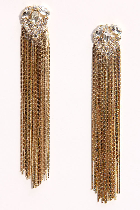 Pretty Gold Earrings Rhinestone Earrings Fringe Earrings 32.00