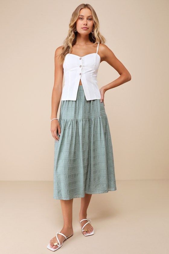 Lulus Confidently Effortless Teal Textured Tiered Midi Skirt In Teal