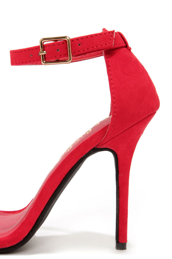 red ankle strap pumps
