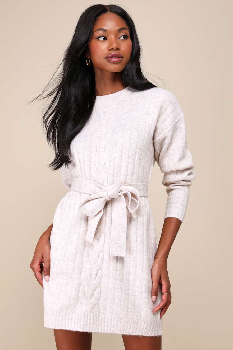 Cream Sweater Dress - Mini Sweater Dress - Long Sleeve Dress