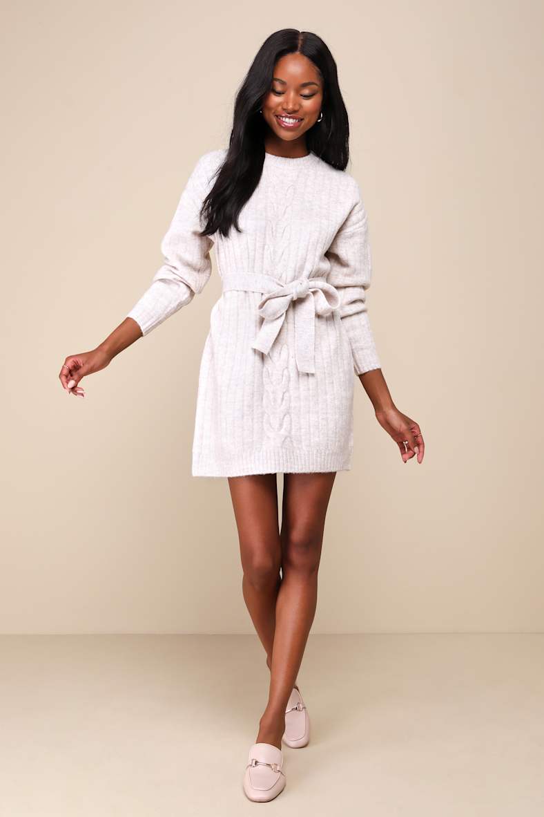 Wishing on Winter Cream Cable Knit Mini Sweater Dress