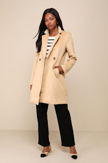 Tan Coat Long Double-Breasted Coat Double-Breasted Long Coat