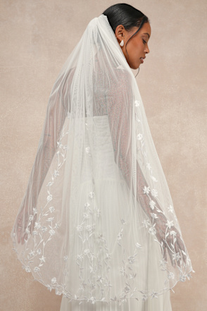 White Embroidered Veil - Mesh Veil - Mid Length Mesh Veil  display picture 1