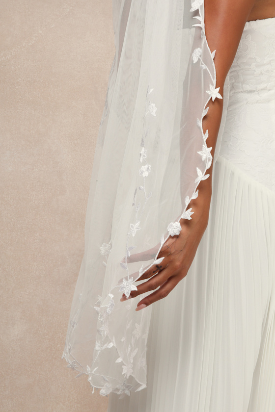 Classically Romantic White Embroidered Floral Veil 2