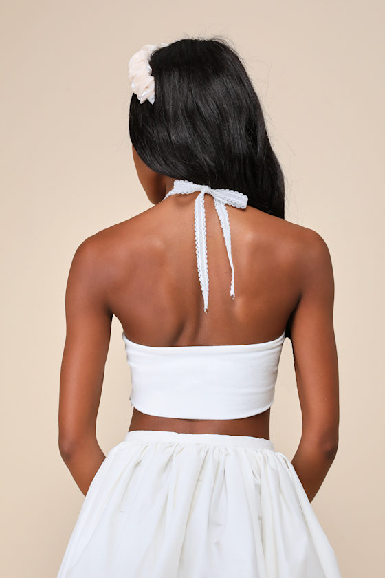 Zemeta Doily White Eyelet Embroidered Lace Halter Handkerchief Top In White