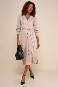 Charming Comfort Beige Collared Button-Up Sweater Dress 5