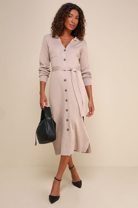 Charming Comfort Beige Collared Button-Up Sweater Dress 5