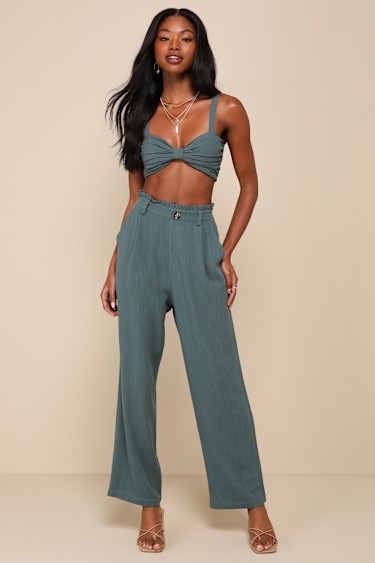 Crop Linen Two Piece Jumpsuit Green 2-Pc Trouser Outfit 2pc