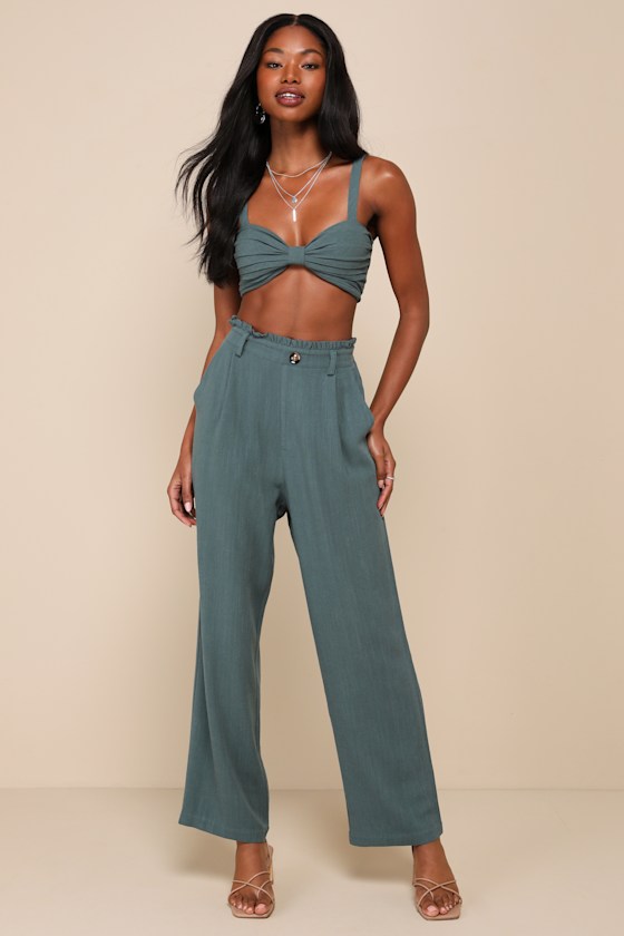 Favorite Vacation Teal Green Linen Two-Piece Trouser Jumpsuit 2