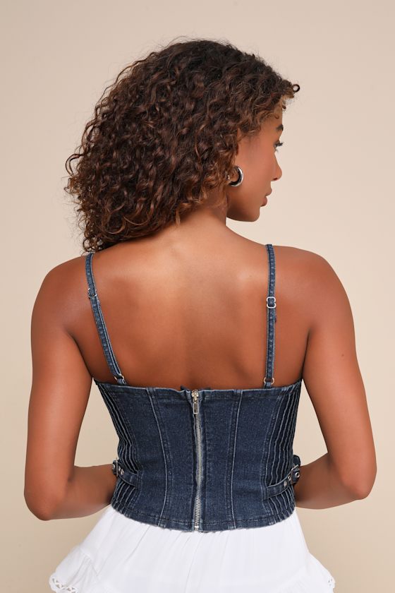 Lulus Edgy Tendency Dark Wash Denim Lace-up Cropped Cami Top In Blue