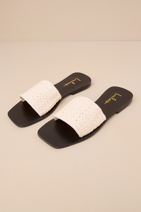 Lulus Charra Cream Raffia Woven Flat Slide Sandals In White