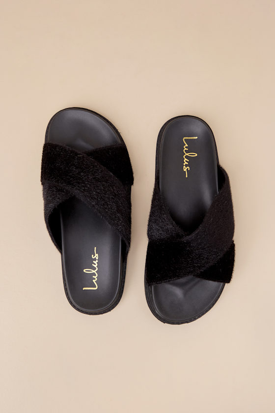 Black Slide Sandals Faux Fur Slides Flatform Slide Sandals Lulus