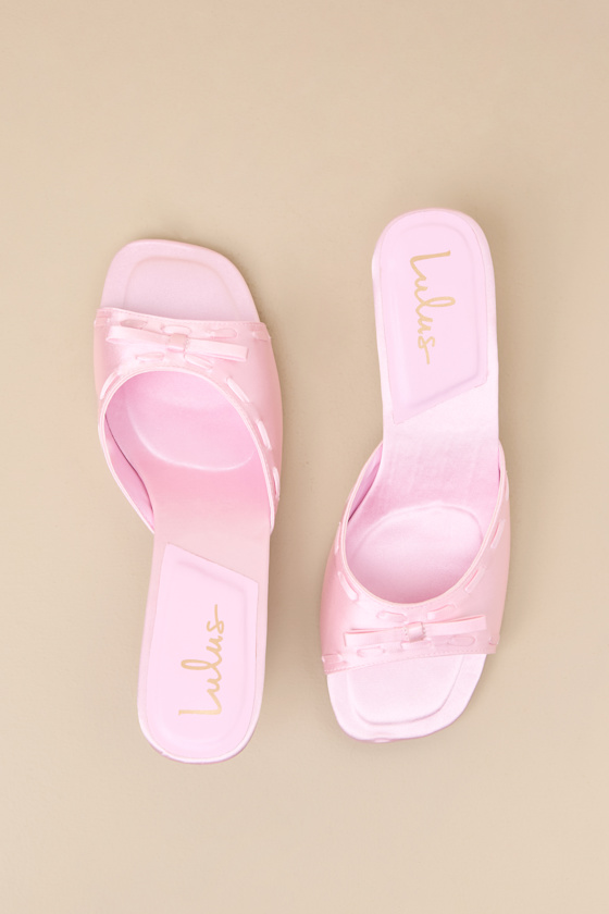 Gennie Pink Satin Bow Kitten Heel Slide Sandals 2
