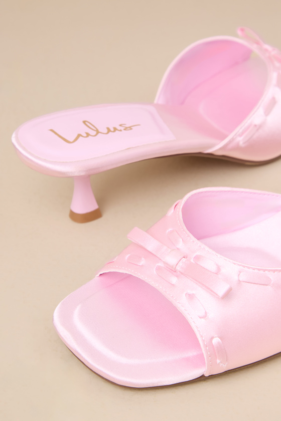 Lulus Gennie Pink Satin Bow Kitten Heel Slide Sandals In Pink