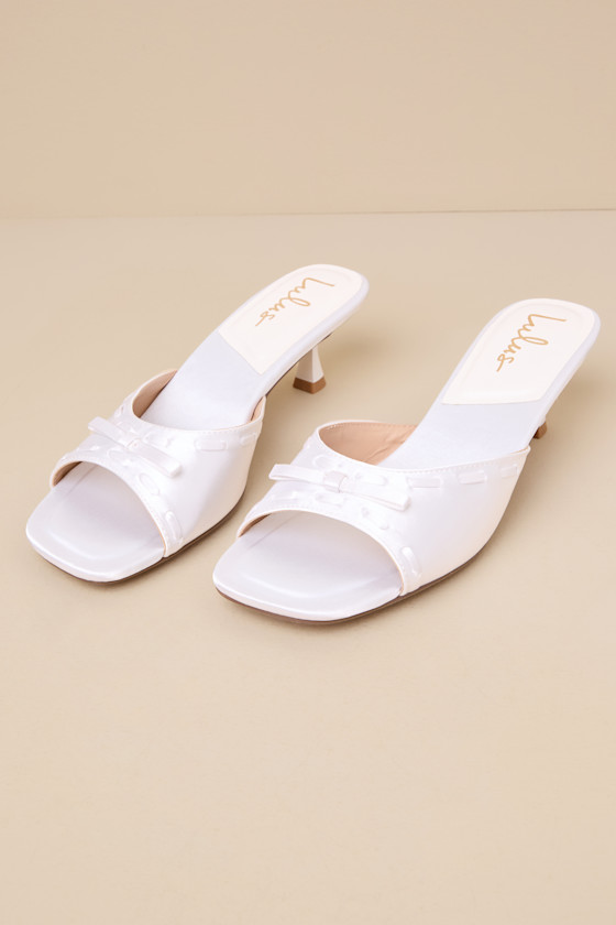 Lulus Gennie White Satin Bow Kitten Heel Slide Sandals In White