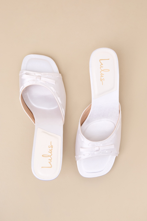 Lulus Gennie White Satin Bow Kitten Heel Slide Sandals In White