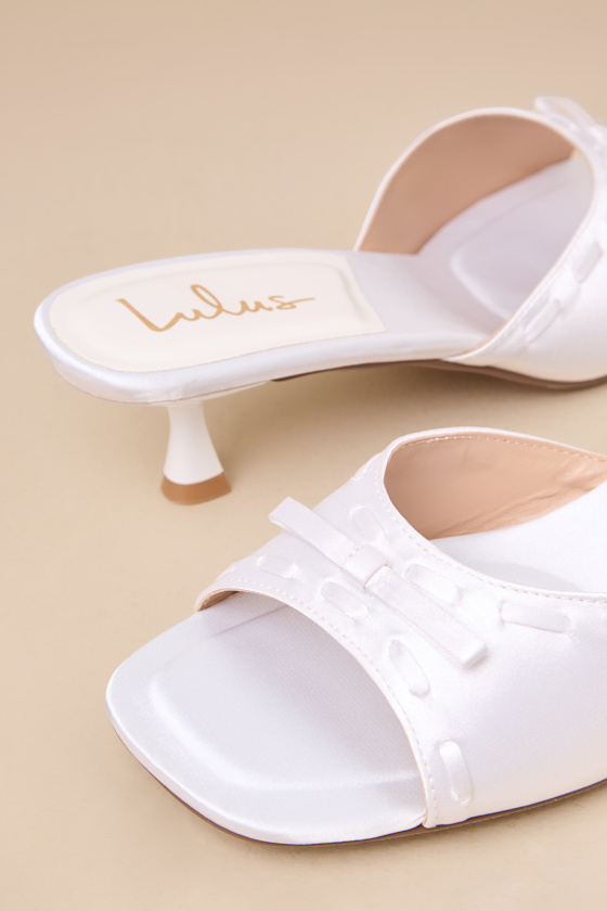 Lulus Gennie White Satin Bow Kitten Heel Slide Sandals In White