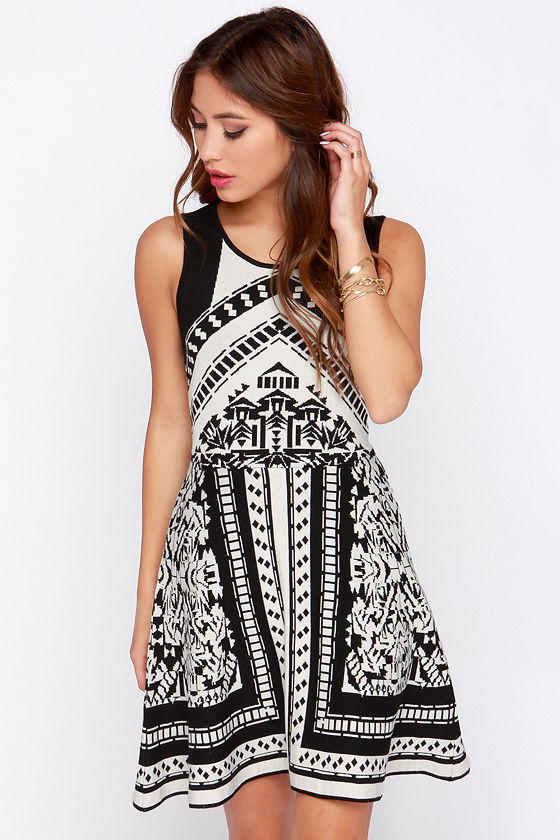 Pretty Black and Ivory Print Dress - Sweater Dress - Skater Dress - $49 ...