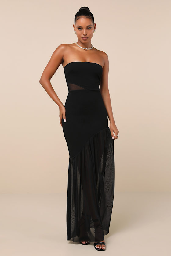 Lulus Exemplary Sensation Black Strapless Asymmetrical Maxi Dress In Black