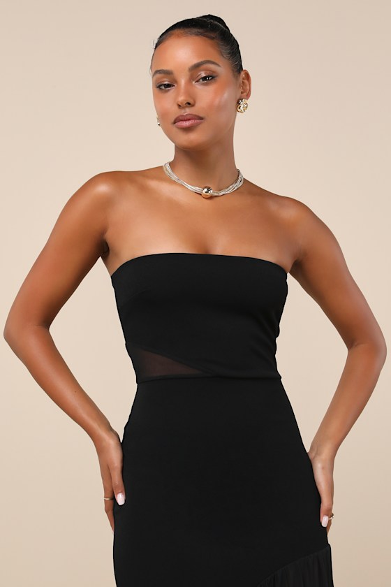 Lulus Exemplary Sensation Black Strapless Asymmetrical Maxi Dress In Black