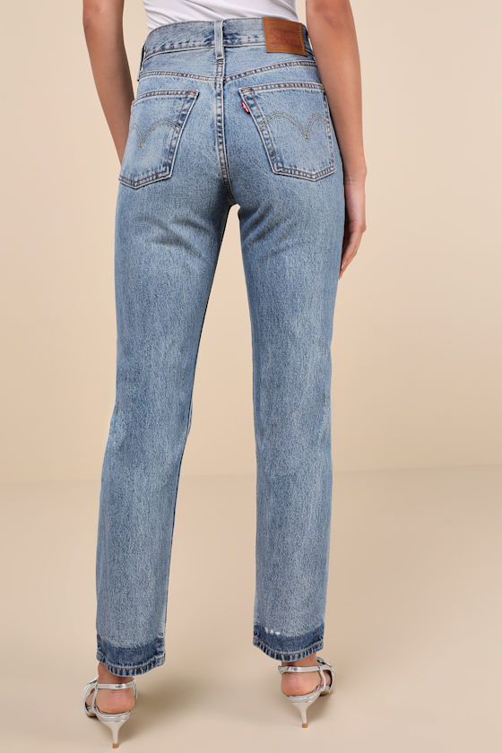 Levi's 501 Straight Medium Wash Distressed Cropped Denim Jeans In Blue