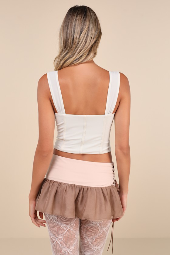 Zemeta Bell Beige And Brown Studded Lace-up Chiffon Micro Mini Skirt In Beige And Brown