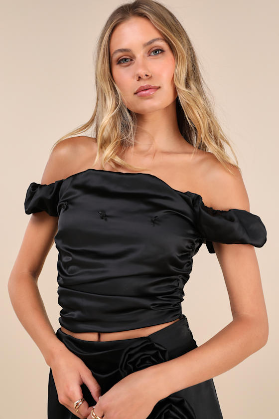 Black Rose Satin Rosette Off-the-Shoulder Puff Sleeve Top 1