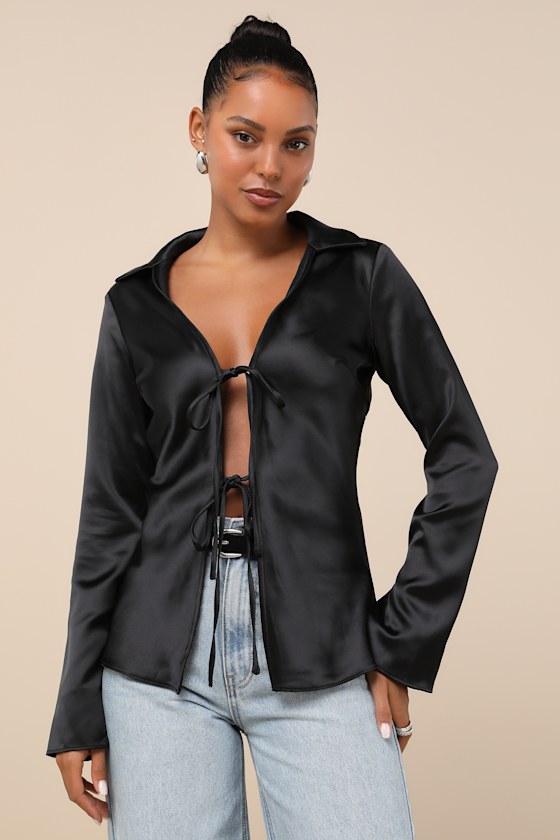 Coveted Aesthetic Black Tie-Front Long Sleeve Collared Bow Top 3