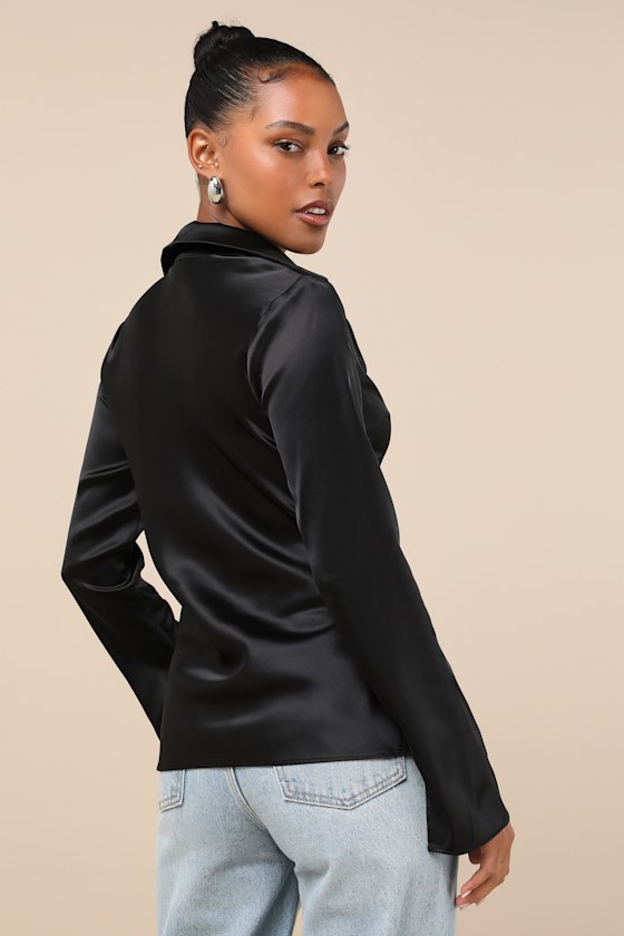 Coveted Aesthetic Black Tie-Front Long Sleeve Collared Bow Top 4