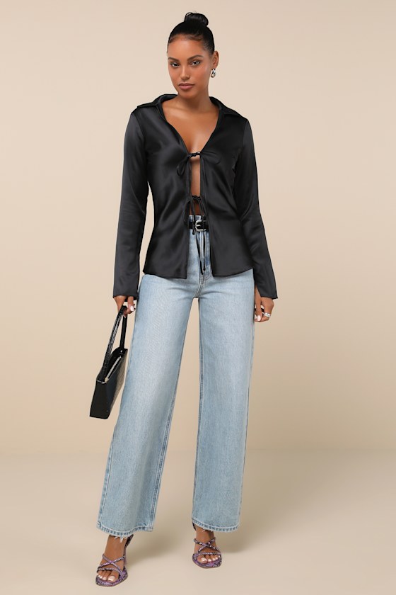 Lulus Coveted Aesthetic Black Tie-front Long Sleeve Collared Top In Black