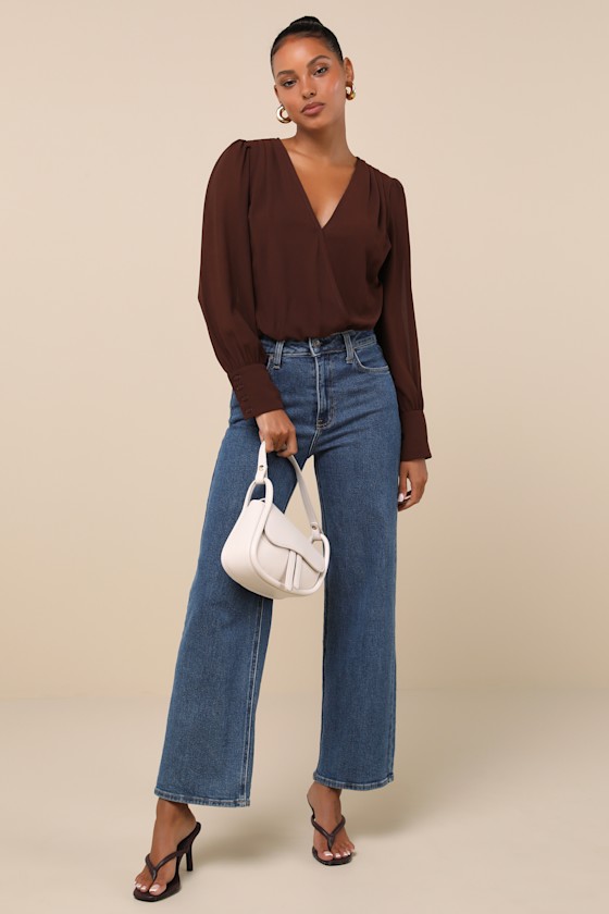 Sophisticated Aspect Brown Chiffon Surplice Long Sleeve Bodysuit 3