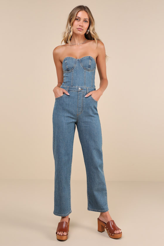 Steve Madden Anya Medium Wash Denim Strapless Cropped Bustier Jumpsuit In Blue