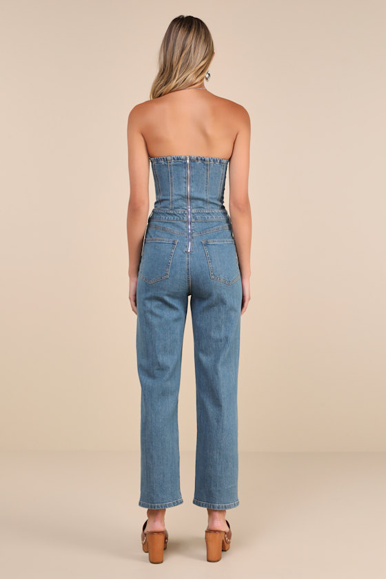 Steve Madden Anya Medium Wash Denim Strapless Cropped Bustier Jumpsuit In Blue